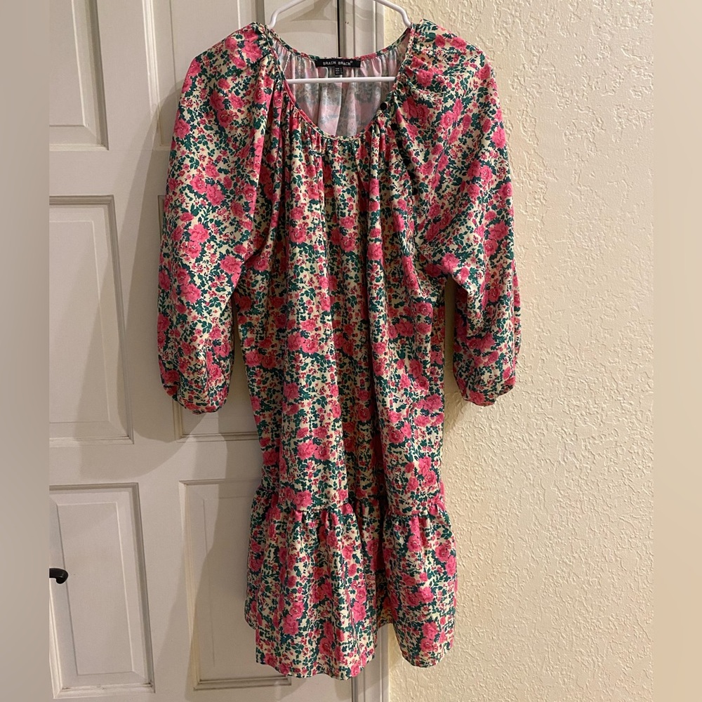 Women’s Spring Floral Gathered Dress Pink Green - Large